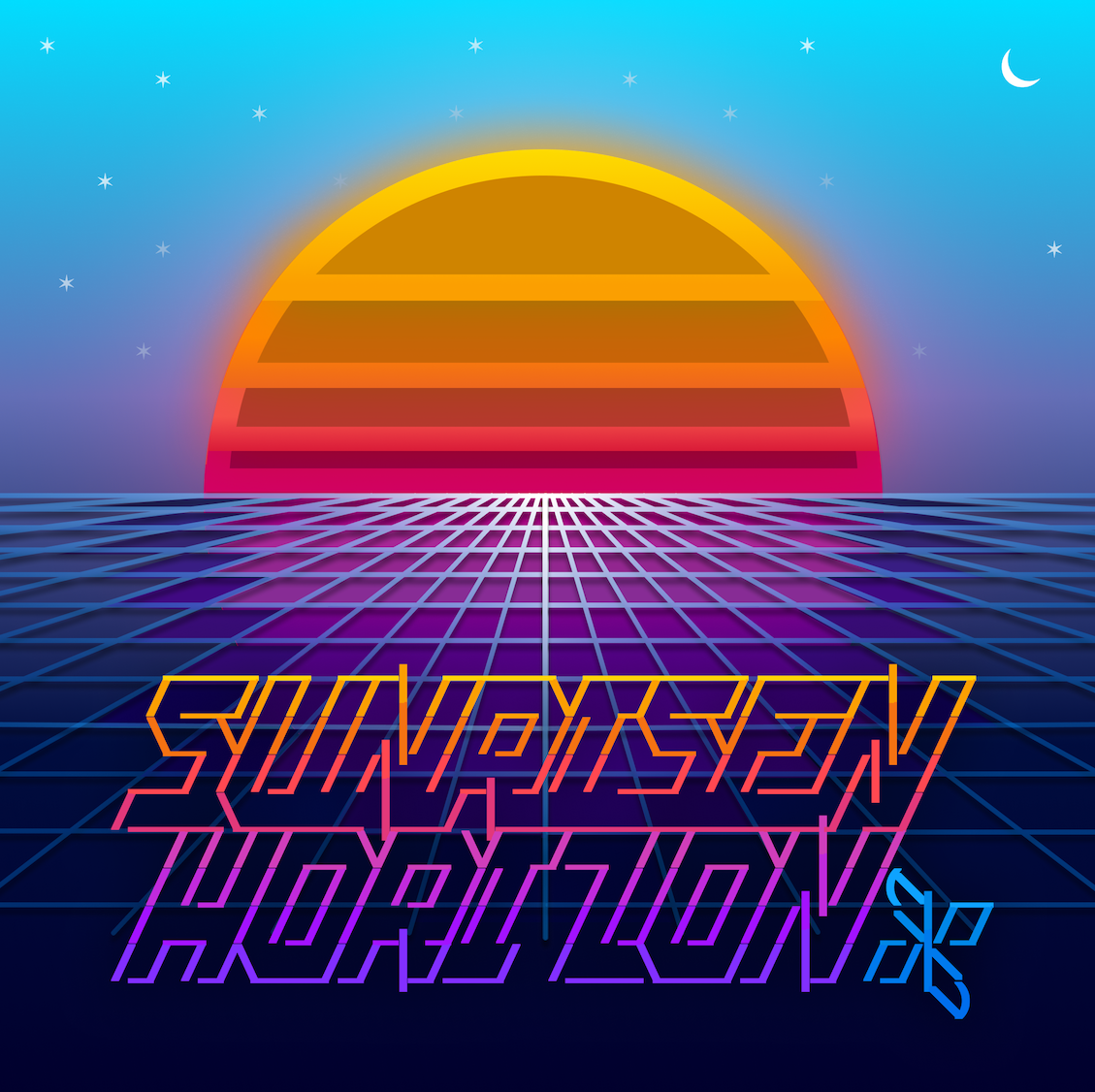 sunrisen horizon album art featuring sunrise over the horizon lined with a grid-like structure